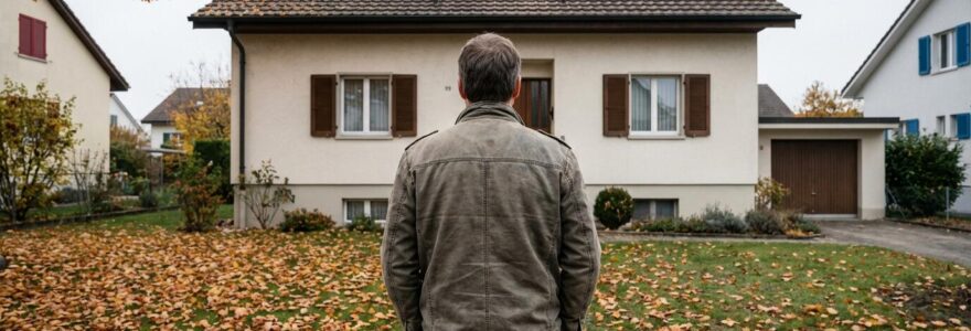 Nachdenklicher Eigentümer vor typischem Schweizer Einfamilienhaus bei der Verkaufsüberlegung