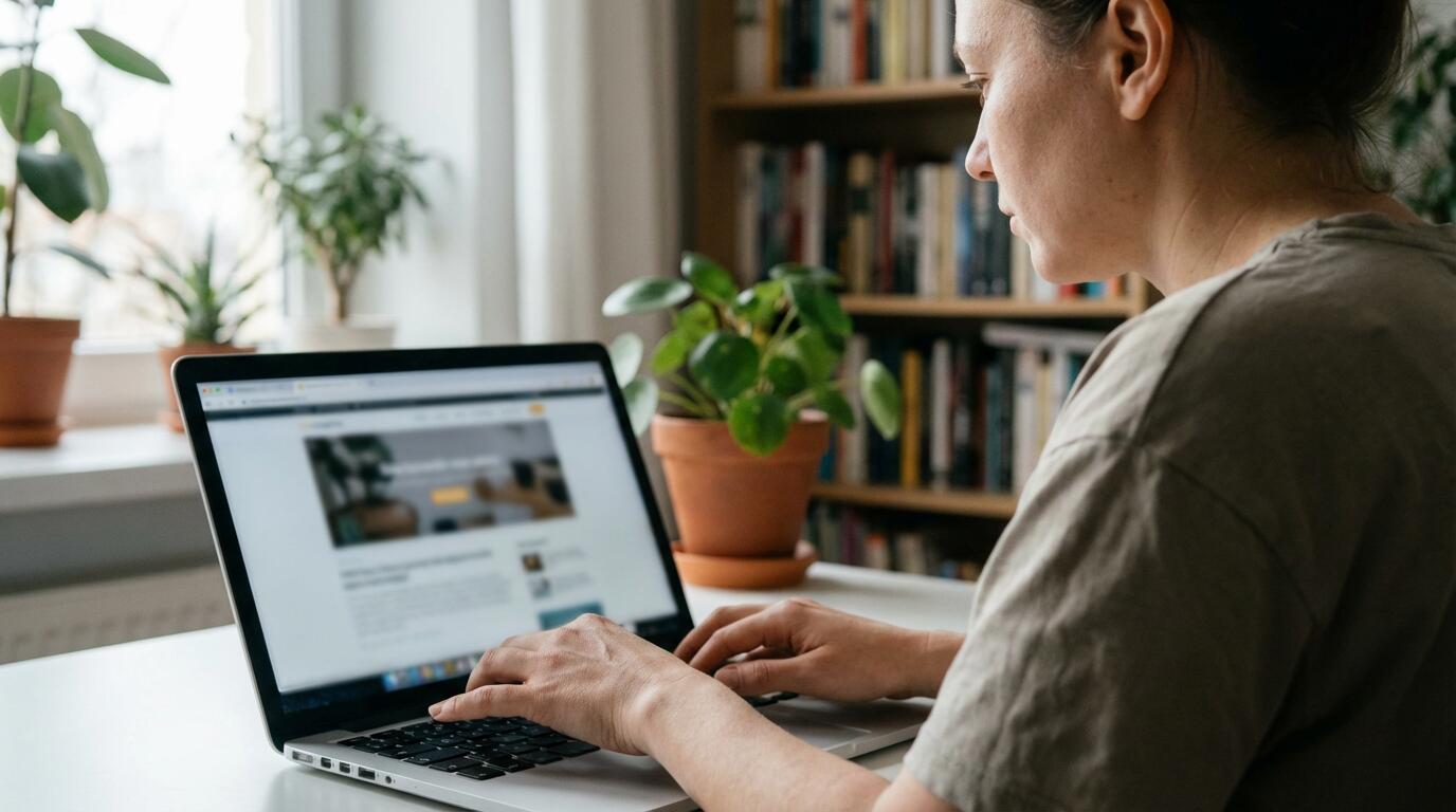 Person recherchiert Immobilienmakler am Laptop im Home-Office